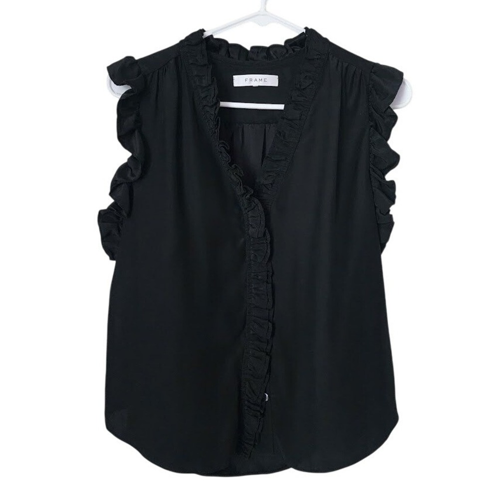 FRAME Lauren Ruffle Trim Top Black‎ Ramie Silk Sleeveless Quiet Luxury
